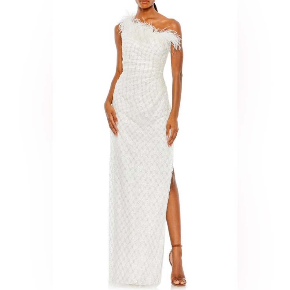 MAC DUGGAL Floral Sequin Feather Trim